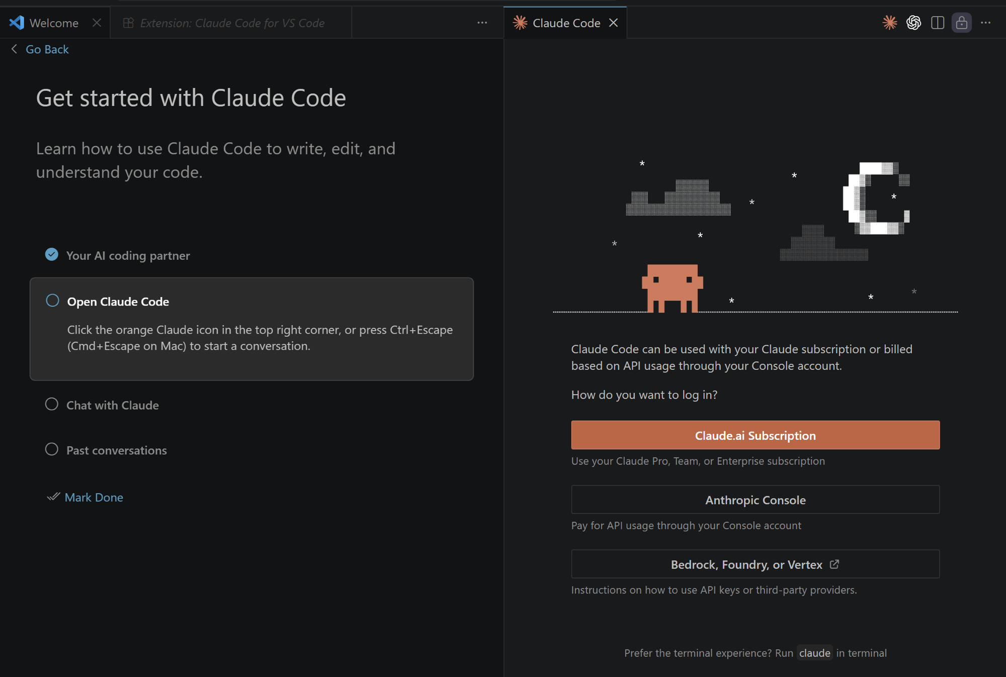 VS Code Claude Code extension login screen